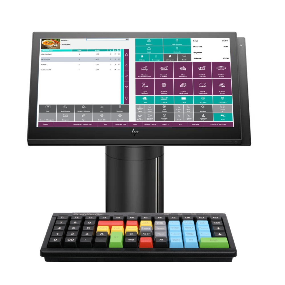 hp engage one pos aio 15" touchscreen + 10" display, intel i5 gen7, 8gb ram, 256gb ssd