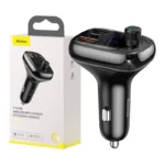 baseus car bluetooth fm transmitter & charger, hands free calls, dual usb 12w fast charging, music streaming, tf & usb playback, 12v–24v car compatibility