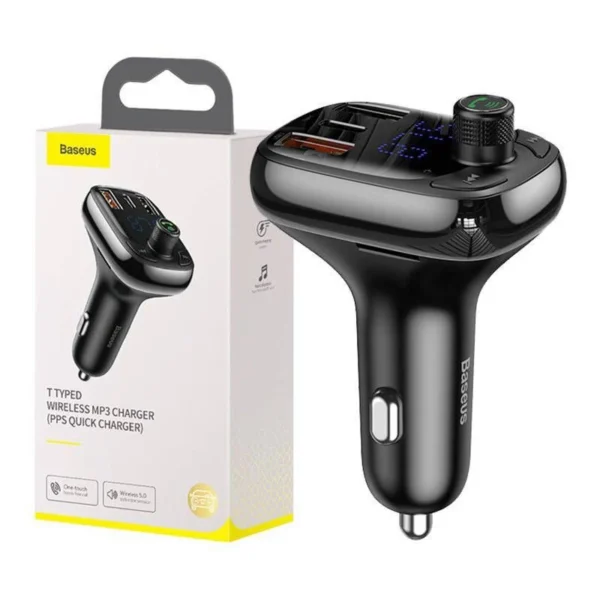 baseus car bluetooth fm transmitter & charger, hands free calls, dual usb 12w fast charging, music streaming, tf & usb playback, 12v–24v car compatibility