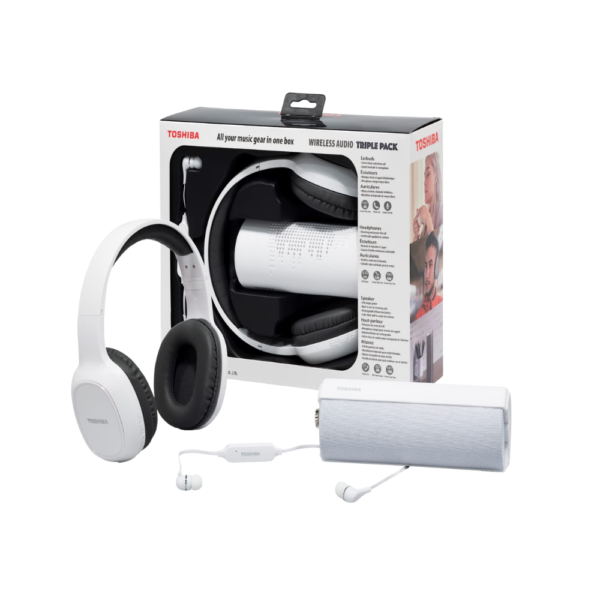 toshiba wireless audio triple pack – headphones, earbuds, speaker, bluetooth, 10m range, 4–10h battery, usb rechargeable