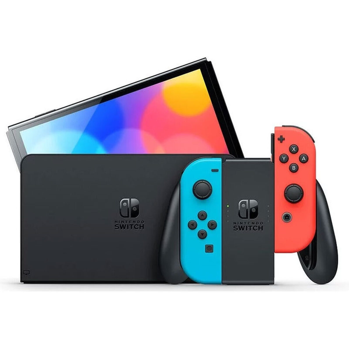 nintendo switch (oled model) with neon blue and neon red joy con