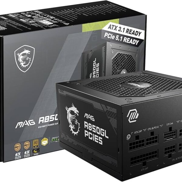 msi mag a850gl pcie5, 850w power supply, atx 3.0, pcie 5.0 ready, 80 plus gold, full modular psu