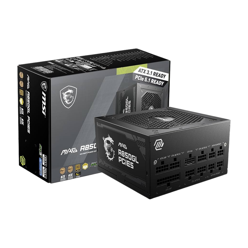 msi mag a850gl pcie5, 850w power supply, atx 3.0, pcie 5.0 ready, 80 plus gold, full modular psu