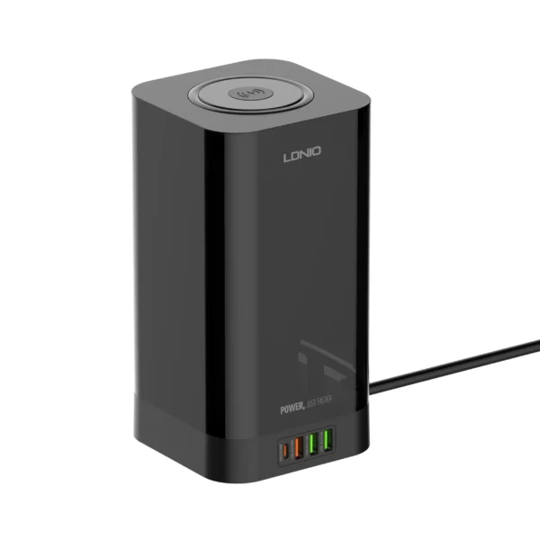 ldnio sew4485 tower power strip, 4 eu outlets, 1 usb c + 3 usb a, 32w usb, 15w wireless charging, 2500w