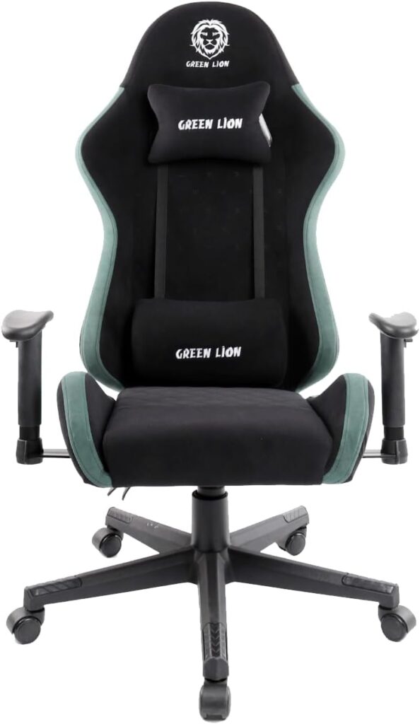 green lion gaming chair, ergonomic design, adjustable height, lumbar support, steel base, new