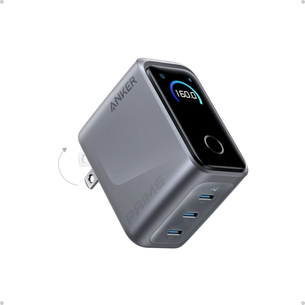 anker prime charger, 160w, 3 port usb c, fast charger me smart display