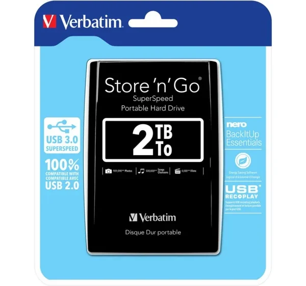 verbatim store ’n’ go external storage, 2tb portable hard drive, usb 3.0, plug and play, windows/mac