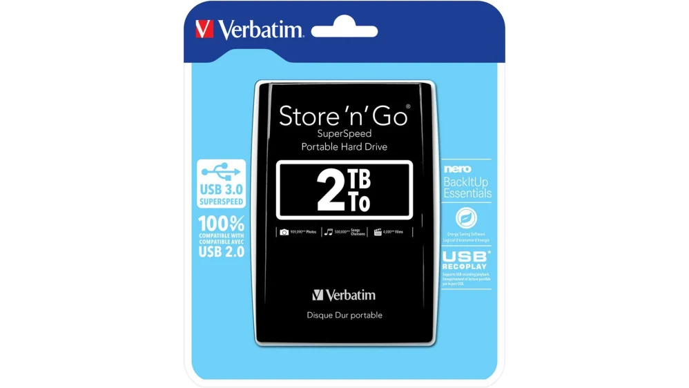 verbatim store ’n’ go external storage, 2tb portable hard drive, usb 3.0, plug and play, windows/mac