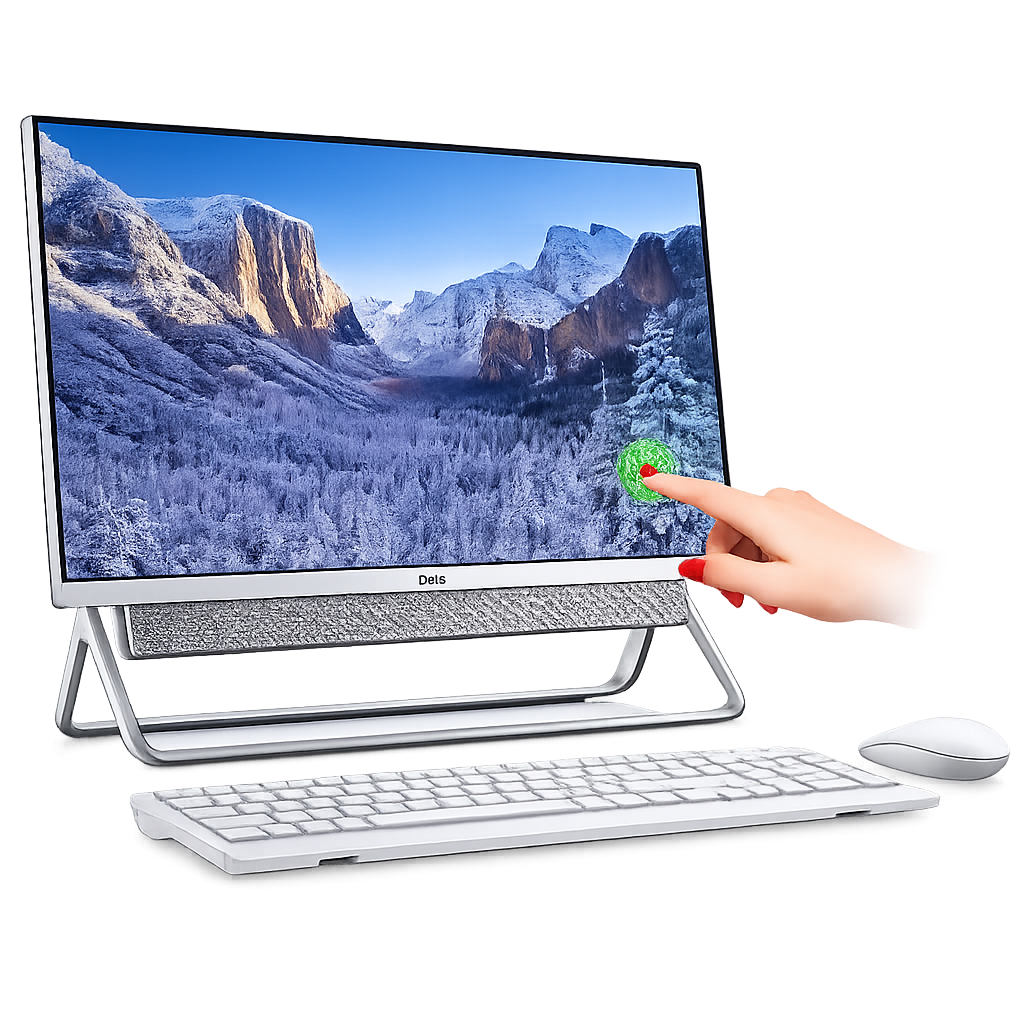 Kompjuter me ekran me peis malor malor me male me borë dhe dorë që prek ekranin.