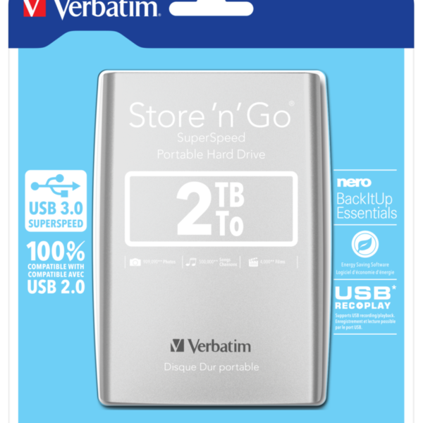 verbatim store ’n’ go 2tb portable hard drive, usb 3.0, plug and play, fast and reliable external storage for windows and mac