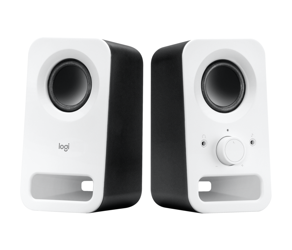 logitech z150 2.0 stereo speakers white, 3w rms, 6w peak, 3.5mm input, headphone jack