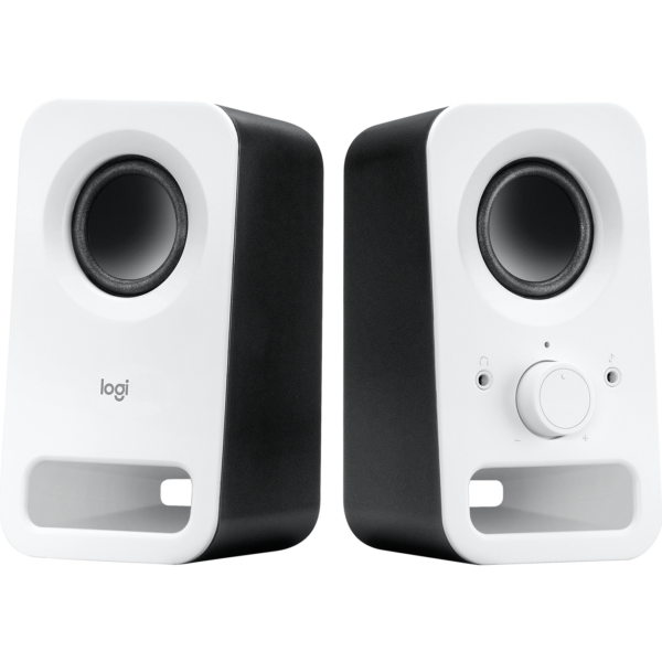 logitech z150 2.0 stereo speakers white, 3w rms, 6w peak, 3.5mm input, headphone jack