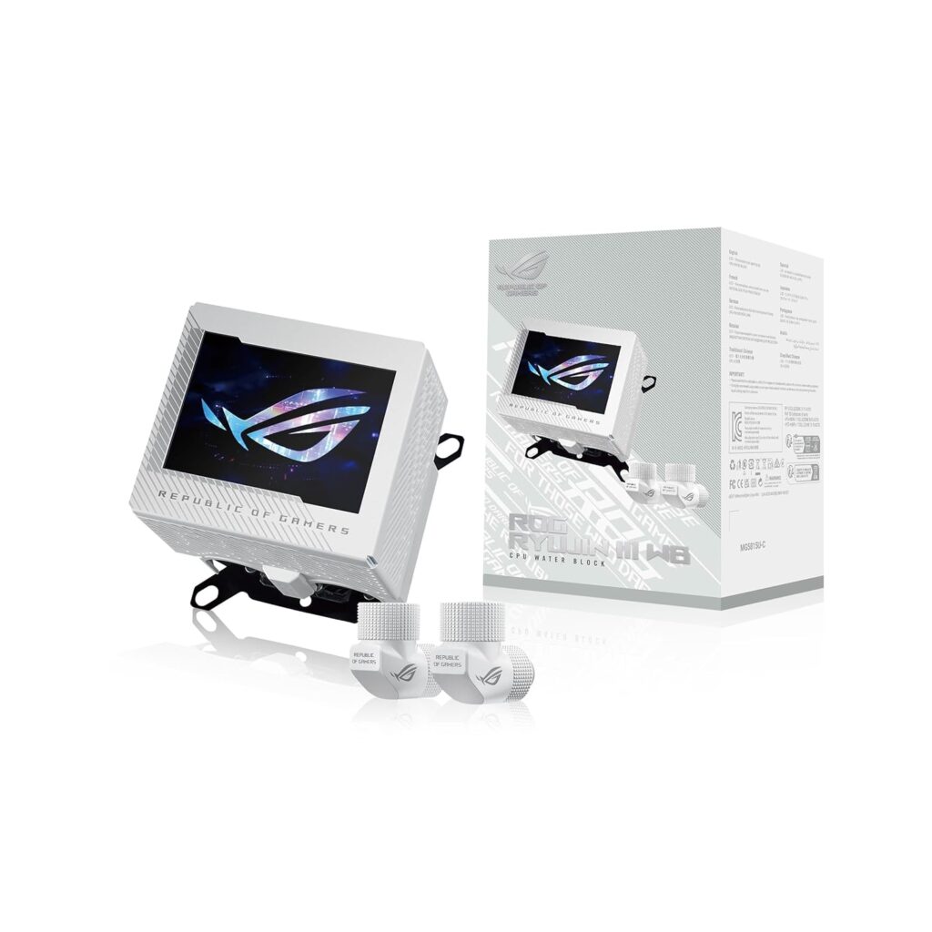 asus rog ryujin iii wb white edition cpu water block, 3.5″ lcd, custom loop cooling, intel & amd, new